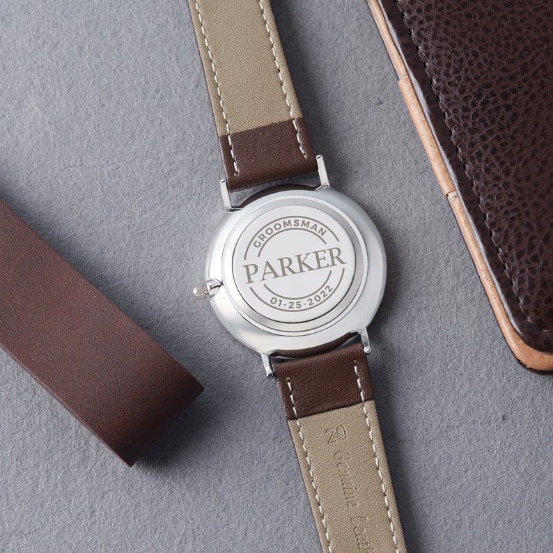 Engraved watch for groomsman Parker with a brown leather strap and custom inscription