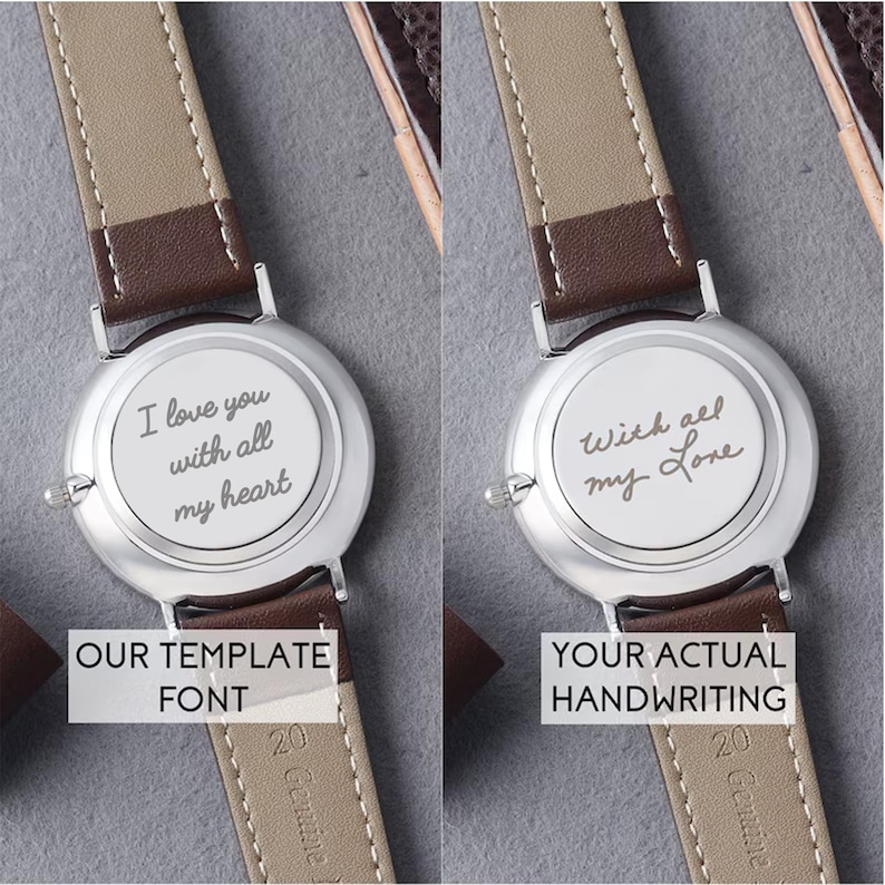 Two watches with brown leather straps, showing the difference between a template font engraving saying I love you with all my heart and a custom handwritten engraving reading With all my love on the back of the watches