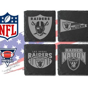 May include: Four black slate coasters featuring the Las Vegas Raiders logo in grey. The coasters display various designs, including the team's helmet, a pennant, and the words "Raider Nation." The NFL and football logos are also visible.