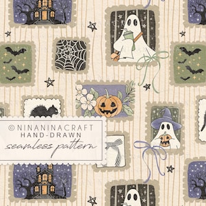 Akvarell Halloween Sömlöst Mönster av NinaNinaCraft, Handritat Spöke, Svart Katt, Spökhus, Beige Upprepningsmönster, Kommersiellt Bruk