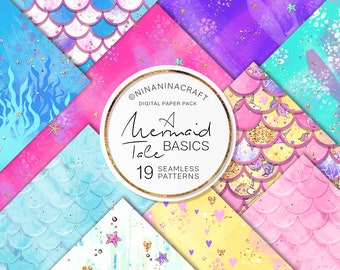 Mermaid Digital Papers Basics, Abstract Colorful Seamless Patterns, Cute Ocean Papers, Fish Scales, Watercolor Rainbow, Glitter Seaweed