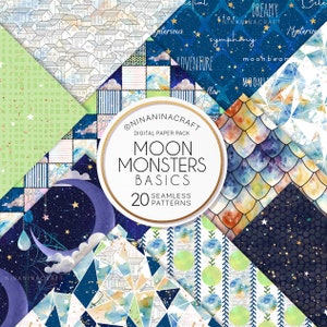 Motifs lune sans couture, étoiles, papiers numériques NinaNinaCraft, patchwork, joli paquet de papier, conception de tissu, étoiles, nuages, poussière de paillettes