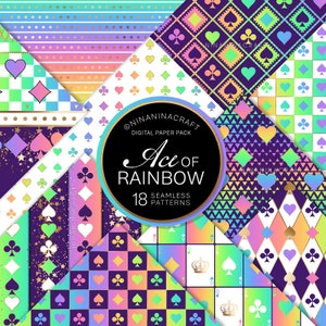Cartas de jogar arco-íris sem costura inspiradas em papéis digitais, padrões sem costura de NinaNinaCraft, Ace, Harlequin Hearts, Diamonds, Checkerboard