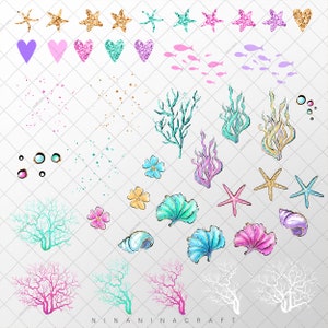 May include: A collection of watercolor illustrations featuring marine life elements. The image includes starfish, hearts, fish, coral, seaweed, flowers, and seashells in various colors, with glitter accents. The text "NINANINACRAFT" is at the bottom.