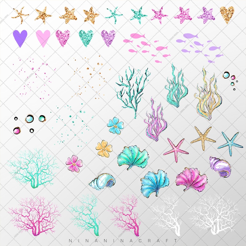 May include: A collection of watercolor illustrations featuring marine life elements. The image includes starfish, hearts, fish, coral, seaweed, flowers, and seashells in various colors, with glitter accents. The text "NINANINACRAFT" is at the bottom.