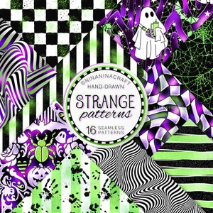 Étranges motifs d'Halloween sans couture, papier numérique NinaNinaCraft, scarabée vert fluo, tissu damier violet trippant, rayures groovy