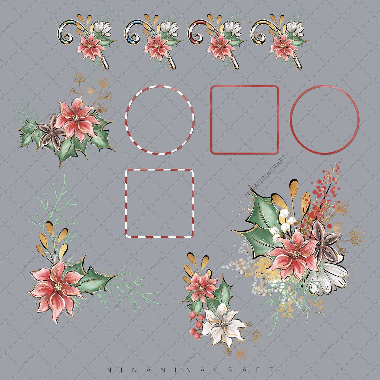 Christmas Flowers and Frames Clip Art Cute Poinsettia - Etsy