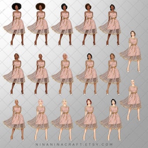 May include: Digital illustration of 16 figures wearing a pink dress with gold trim and a matching gold belt. The dress has a lace overlay. Each figure is posed in a similar stance, with different hairstyles and skin tones. The Etsy shop name is visible at the bottom.