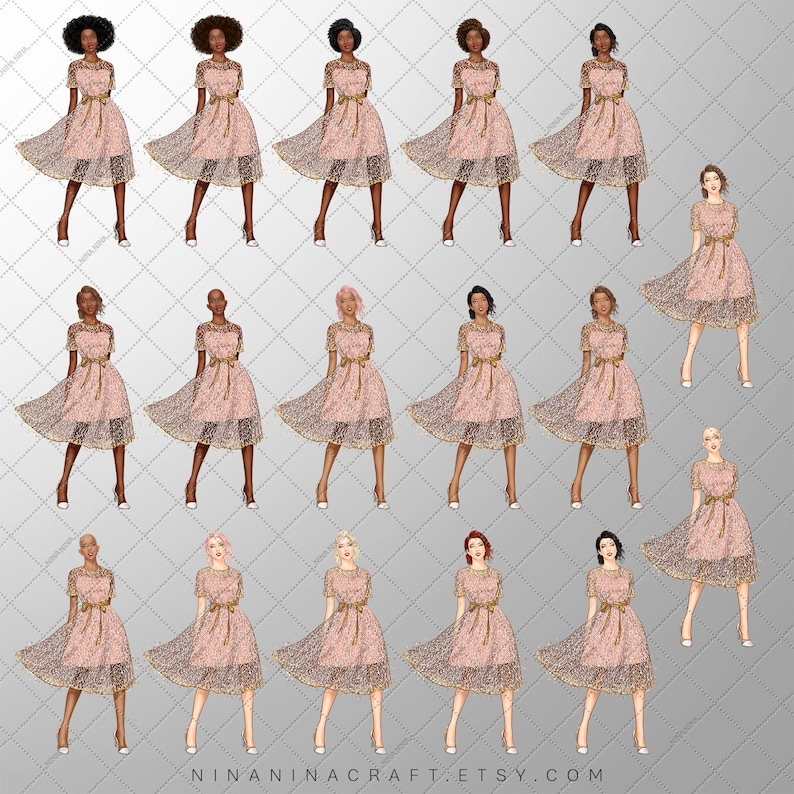 May include: Digital illustration of 16 figures wearing a pink dress with gold trim and a matching gold belt. The dress has a lace overlay. Each figure is posed in a similar stance, with different hairstyles and skin tones. The Etsy shop name is visible at the bottom.