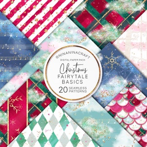 Papiers numériques de Noël mignons, modèles sans couture par NinaNinaCraft, lignes scintillantes, rayures de canne en bonbon rouge, vert, or, étoiles, flocons de neige