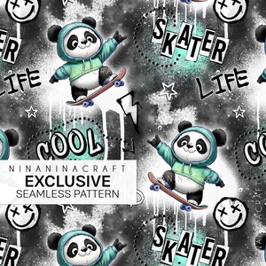 Exclusieve naadloze patroonkleurstelling, Panda Skater Fabric Design door NinaNinaCraft, exclusieve commerciële licentie, digitale download, 06