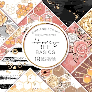 Nozioni di base sulla carta digitale Honey Bee, fiori glitter dorati, modelli senza cuciture alla moda, alveare, nido d'ape, tessuti glamour, sfondi, agenda