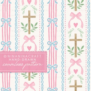 May include: A seamless pattern featuring vertical stripes in pink and white, adorned with blue bows, pink bows, hearts, crosses, and greenery. The text "NINANINACRAFT HAND-DRAWN seamless pattern" is displayed on a pink rectangle.