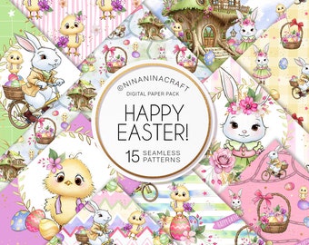 May include: A digital paper pack with 15 seamless patterns featuring Easter-themed illustrations. The patterns include bunnies, chicks, eggs, baskets, and flowers in a variety of colors. The text "Happy Easter!" is displayed in a circle with the text "15 Seamless Patterns" below it.