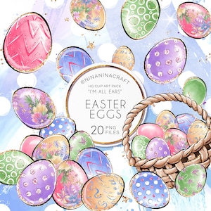 Easter Eggs Clip Art Pack, Spring Clipart by NinaNinaCraft, Glitter Digital Planner Stickers, Basket, Egg Pile
