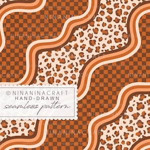 Pode incluir: Um padrão digital sem costuras com faixas onduladas alternadas de estampa de leopardo castanho e creme e uma grelha de xadrez castanha. Uma etiqueta retangular branca com bordas recortadas exibe o texto NINANINACRAFT HAND-DRAWN seamless pattern.