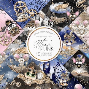 Papiers numériques Steampunk Cuties, engrenages, motifs mécaniques sans couture par NinaNinaCraft, motifs pour impression sur tissu avec détails scintillants