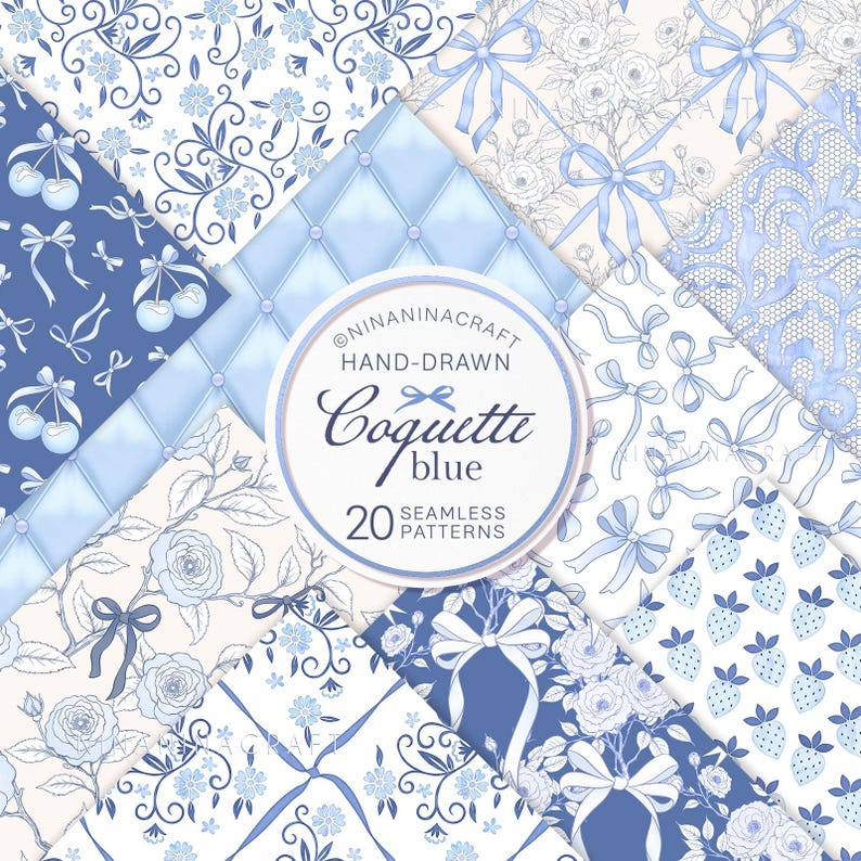 May include: A set of 20 hand-drawn seamless patterns in blue and white featuring floral designs, bows, cherries, strawberries, and a quilted pattern. The patterns are titled "Coquette Blue" and are perfect for crafting and design projects.