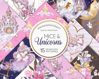 May include: A digital paper pack with 15 seamless patterns featuring mice and unicorns. The patterns include pink, purple, gold, and blue colors. The patterns feature castles, stars, clouds, hearts, and flowers.