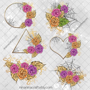 May include: Five digital clipart images of roses with spiderwebs and gold glitter. The roses are pink, purple, and orange. The images are in the shapes of a circle, triangle, heart, and two free-form shapes.