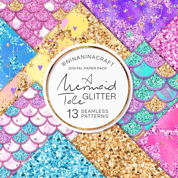 Mermaid Glitter Digital Paper Pack, Colorful Rainbow Glitter Seamless Patterns, Fish Scale Pattern, Abstract Gold, Purple Realistic Glitter
