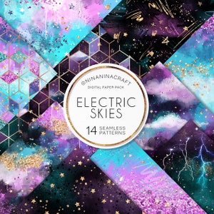 Electric Galaxy Digital Papers, Sterrennacht Naadloze Patronen van NinaNinaCraft, Levendige Luchten, Glitter, Sterren en Sparkles Oppervlaktepatroon