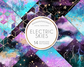 Electric Galaxy Digital Papers, Starry Night Seamless Patterns by NinaNinaCraft, Vibrant Skies, Glitter, Stars and Sparkles Surface Pattern