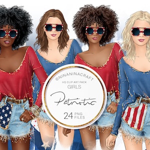 American Fashion Girls Clip Art, 4th of July Planner Stickers, Independence Day Street Style, Pretty African American, Latina, Black Hair