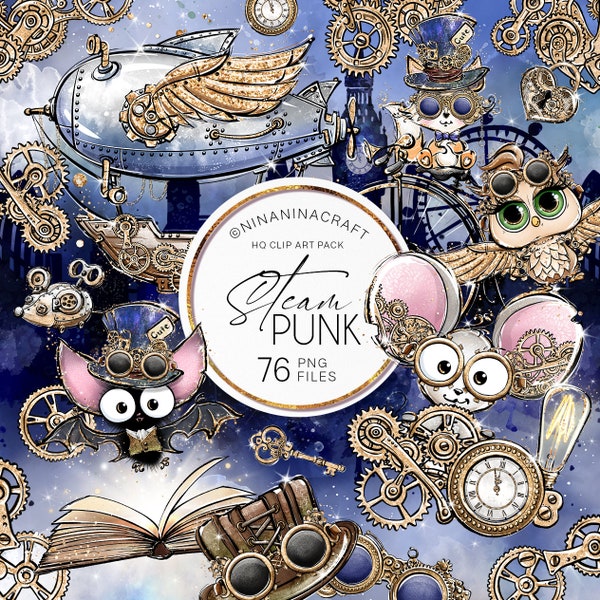 Steampunk Cuties Clip Art Pack, Glittery Clockwork Planner Stickers by NinaNinaCraft, Victorian Designs, Animals, Hat, Light bulb, Goggles