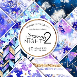 Papéis digitais Starry Night 2, padrões sem costura de galáxia, céu neon, adesivos de planejador celestial, gráficos de superfície, estrelas, brilho, brilho