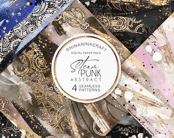 Steampunk Digital Papers, Brush Strokes Seamless Patterns by NinaNinaCraft, Abstract Backgrounds, Gears and Gold glitter splatter