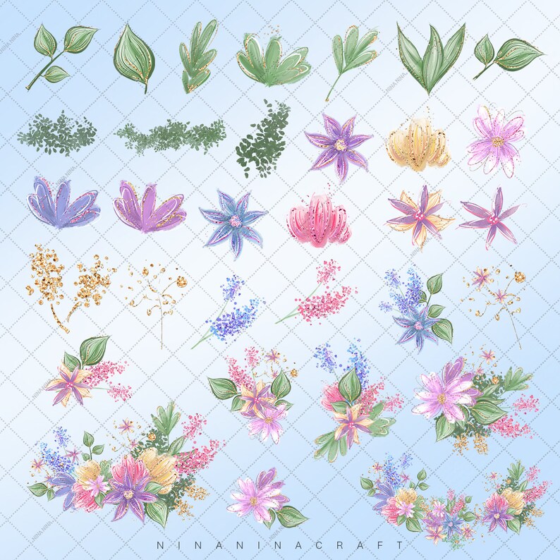 May include: A collection of watercolour floral elements, including leaves, flowers, and sprigs, in shades of green, purple, pink, and gold. The designs have a hand-painted appearance. The text "NINANINACRAFT" is at the bottom of the image.