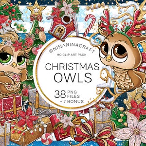Pacote de clipart de corujas de Natal fofo, clipart de Natal, adesivos de planejador de brilho, flores, presentes, bastão de doces, árvore, decorações, casa de pássaros png