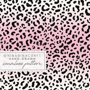 May include: A seamless pattern featuring a leopard print design. The pattern transitions from white to pink, with black spots scattered across the surface. The text "NINANINACRAFT hand-drawn seamless pattern" is displayed in a white rectangle.