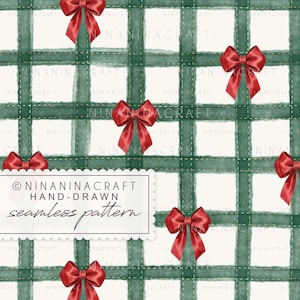 Naadloze kerstpatroon aquarel pastel, handgetekende groene kerst naadloze herhaling, rode strik herhalend patroon, commercieel gebruik