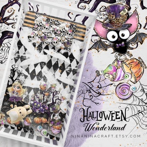 May include: A black and white checkered crib sheet with a spiderweb design and gold stars. The sheet is decorated with a whimsical Halloween scene featuring a girl in a purple dress, a black cat, a pumpkin, and a teacup. The crib sheet is part of a Halloween Wonderland themed bedding set.