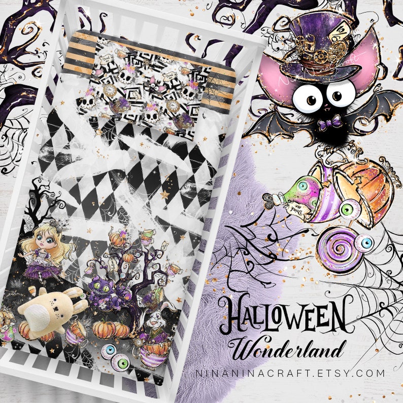 May include: A black and white checkered crib sheet with a spiderweb design and gold stars. The sheet is decorated with a whimsical Halloween scene featuring a girl in a purple dress, a black cat, a pumpkin, and a teacup. The crib sheet is part of a Halloween Wonderland themed bedding set.