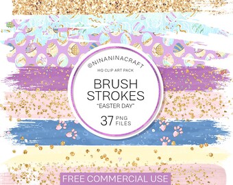 37 Easter Paint Brush Strokes Clipart pack, Easter Eggs Clipart, Gold Glitter Planner Stickers, Watercolor Brush, Date Cover, Spatter, PNG