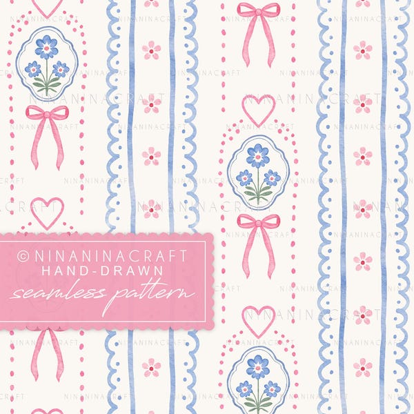 Motivo floreale a righe traforate senza soluzione di continuità di NinaNinaCraft: fiori e fiocchi rosa e blu (download digitale)