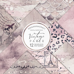 May include: A digital paper pack with 12 seamless patterns. The patterns are in a vintage style and feature a variety of designs, including leopard print, scales, and floral patterns. The colors are mostly pink and gray.