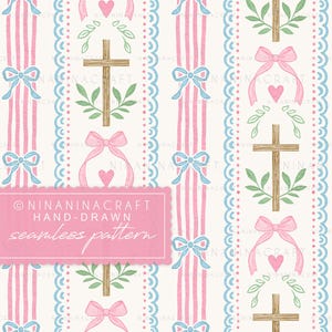 Könnte beinhalten: Ein nahtloses Muster mit vertikalen Streifen in Rosa und Hellblau, durchsetzt mit Schleifen, Herzen und Kreuzen. Das Design enthält den Text "NINANINACRAFT HAND-DRAWN seamless pattern" in einem rosa Rechteck.