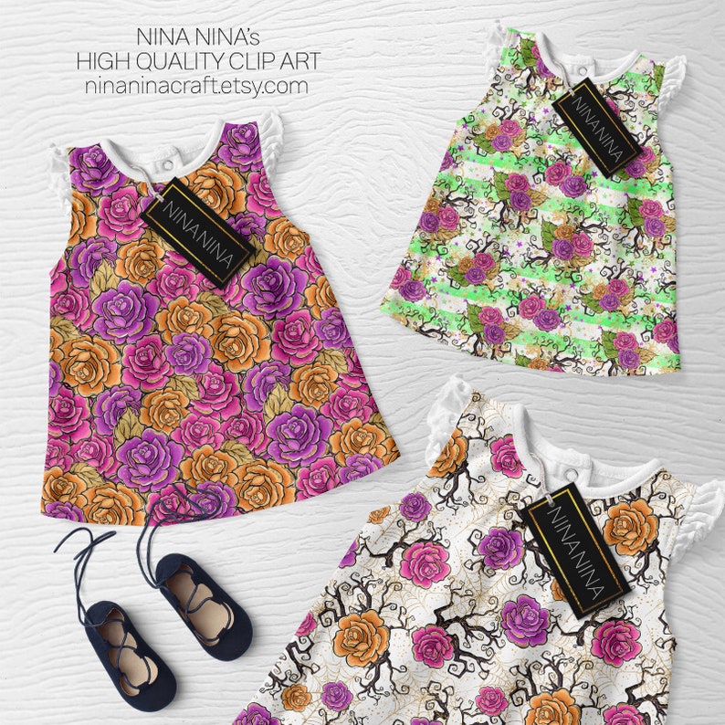 May include: Three sleeveless dresses with a floral pattern. The dresses have a white background with pink, purple, and orange roses. The dresses have a white lace trim around the neckline and armholes. The dresses have a tag with the text "NINANINA" on them.