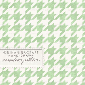 May include: A seamless pattern featuring a repeating houndstooth design in light green and white. The pattern is hand-drawn and includes the text "NINANINACRAFT HAND-DRAWN seamless pattern". The overall design is a repeating pattern.