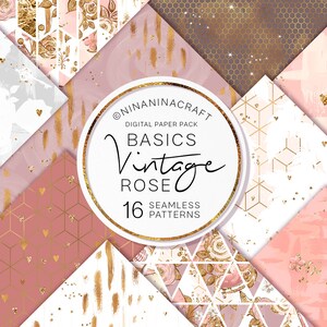 16 Vintage Rose Basics Digitale Papers, Handgetekend Goud Naadloos Patroon, Scrapbook Papier Pack, Planner Papier, Floral Chic, Glitter Stof
