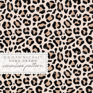 May include: A seamless pattern featuring a leopard print design. The pattern consists of black spots and tan-colored spots on a light beige background. The image includes the text "NINANINACRAFT HAND-DRAWN seamless pattern".