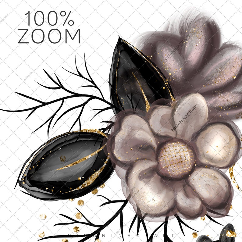 Peut inclure: Illustration num&eacute;rique d'un motif floral. L'&oelig;uvre pr&eacute;sente une grande fleur dans les tons de gris et d'or, avec des feuilles et des tiges noires. Le texte "100% ZOOM" est dans le coin sup&eacute;rieur gauche.