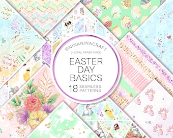 18 Easter Digital Papers, Cute Pastel Seamless Pattern, Custom Fabric, Glitter Eggs, Bunny Footprints, Surface Pattern, Bee, Spring Flowers