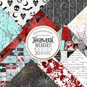 Pack de motifs dessinés à la main pour le petit-déjeuner d'Halloween, papiers numériques gothiques Audrey par NinaNinaCraft, conception de tissu, rayures, toile d'araignée