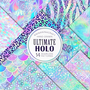Peut inclure: Un collage numérique de 14 motifs holographiques sans couture. Les motifs comprennent des imprimés animaliers, des fleurs, des formes géométriques et des paillettes. Le texte "Ultimate Holo 14 Seamless Patterns" est au centre de l'image.