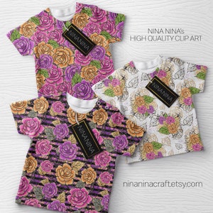 May include: Three white t-shirts with different rose patterns. The first shirt has a pink and orange rose pattern. The second shirt has a white and gold rose pattern. The third shirt has a purple and orange rose pattern with black stripes. Each shirt has a gold tag with the text "NINANINA" on it. The text "NINA NINA'S HIGH QUALITY CLIP ART" is at the top of the image. The text "nininanincraft.etsy.com" is at the bottom of the image.